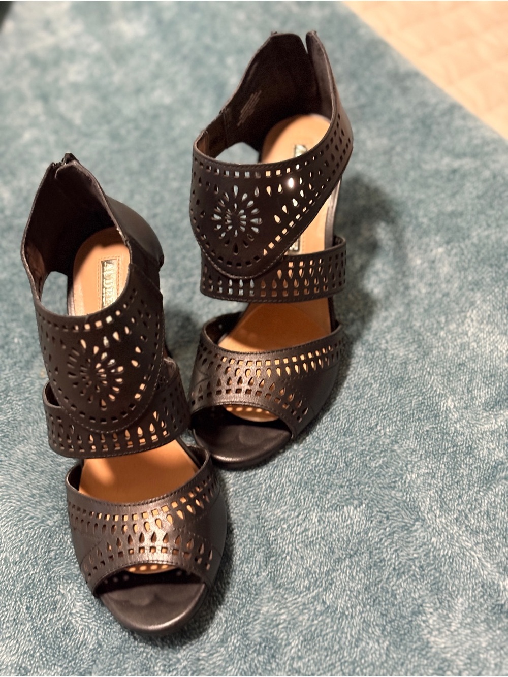Audrey Brooke Black Laser-Cut Peep-Toe Strappy Heels